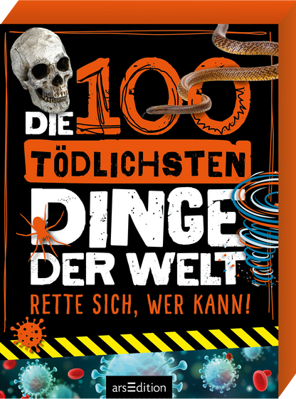 Das Buchcover zeigt einen lebhaften, schwarz-orangefarbenen Hintergrund, der von einem gruseligen Totenschädel und einer Schlange begleitet wird. Groß und auffällig steht der Titel „Die 100 tödlichsten Dinge der Welt“ in weißen und orangefarbenen Buchstaben, während der Untertitel „Rette sich, wer kann!“ in einer prägnanten Schriftweise in textuellem Kontrast erscheint. Das Cover vermittelt eine aufregende und abenteuerliche Atmosphäre. Ganz unten mittig steht der Logoschriftzug...