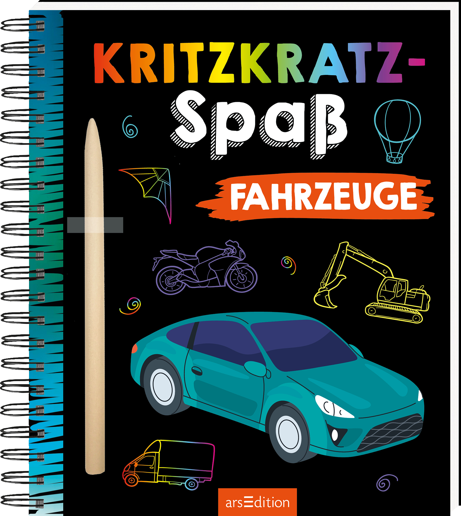 Das Buchcover zeigt einen schwarzen Hintergrund, auf dem bunten Illustrationen von Fahrzeugen wie einem Auto, einem Motorrad und einem Bagger zu sehen sind. Der Titel „Kritzkatz-Spass Fahrzeuge“ ist in großen, auffälligen Buchstaben in verschiedenen Farben gestaltet, wobei „Spass“ ebenfalls betont wird. Eine beige Bleistiftskizze ist prominent an der Seite platziert. In der unteren rechten Ecke befindet sich der Hinweis „SPIEGEL Bestseller“. Ganz unten mittig steht der...