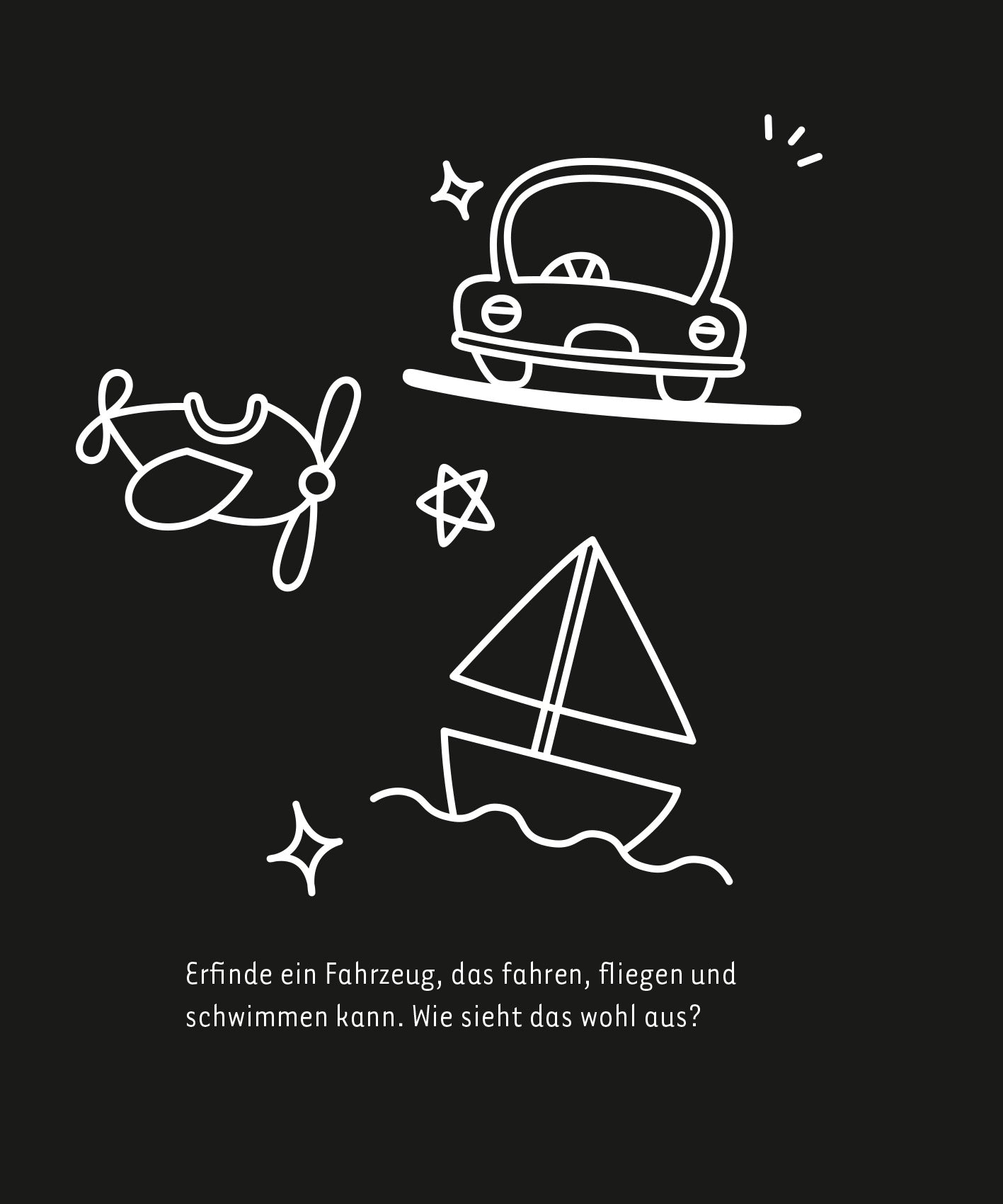 Gezeigt wird eine Innen- oder Zusatzansicht von „Kritzkratz-Spaß Fahrzeuge“. Auf einem dunklen Hintergrund sind in weißer Linienzeichnung ein Auto, ein Flugzeug und ein Segelboot abgebildet. Um diese Elemente gruppieren sich Sterne und kleine grafische Akzente. Am unteren Rand ist die Frage „Erfinde ein Fahrzeug, das fahren, fliegen und schwimmen kann. Wie sieht das wohl aus?“ in einer klaren und lesbaren Schriftart platziert.