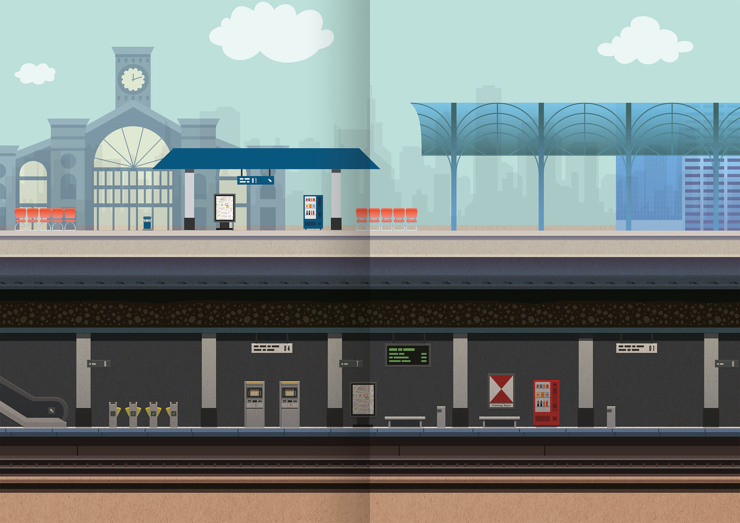 Gezeigt wird eine Innen- oder Zusatzansicht von „Mein Foto-Stickerspaß – Fahrzeuge“. Die farbenfrohe Gestaltung zeigt eine lebhafte U-Bahnstation mit einem hellblauen Himmel und stylisierten Wolken. Im oberen Bereich ist ein Wartebereich mit orangen Bänken und einem Fahrplan. Im unteren Bereich sind die U-Bahn-Gleise, Ticketautomaten und eine digitale Anzeige zu sehen.