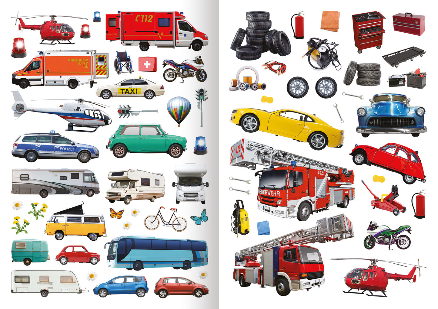 Gezeigt wird eine Innen- oder Zusatzansicht von „Mein Foto-Stickerspaß – Fahrzeuge“. Die Seite zeigt eine Vielzahl von Fahrzeugen und Zubehör in lebhaften Farben. Auf der linken Seite sind unter anderem ein Krankenwagen, ein Polizeiauto und ein Bus abgebildet, während auf der rechten Seite sportliche Autos sowie Feuerwehr- und Helikopterillustrationen zu sehen sind.