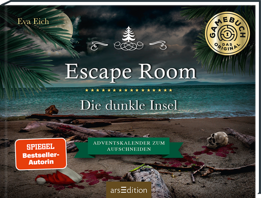 Das Buchcover zeigt eine düstere Strandlandschaft mit tropischen Pflanzen, blutigen Spuren im Sand, einem Totenschädel und einer Nikolausmütze. Der graue Gewitterhimmel vermittelt eine geheimnisvolle Atmosphäre. In großem, prägnantem weißem Schriftzug steht „Escape Room“ über dem Titel „Die dunkle Insel“, der in eleganter Schriftart darunter platziert ist. Links unten befindet sich ein rotes Feld mit dem Text „SPIEGEL Bestseller-Autorin“ sowie ein grünes Banner mit...