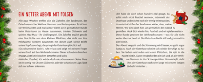 Gezeigt wird eine Innen- oder Zusatzansicht von „Escape Room Adventskalender. Weihnachtliche Schnitzeljagd“. Die doppelseitige Illustration zeigt eine winterliche Szenerie mit sanften, gedämpften Farben. Links steht die Aufforderung „Ein netter Abend mit Folgen“ in einer verspielten, rotfarbenen Typografie. Umrandet wird der Text von festlichen Weihnachtsmotiven wie Tannenzweigen und roten Weihnachtskugeln. Rechts sind Illustrationen von Lebkuchen und einer heißen Tasse, die eine...