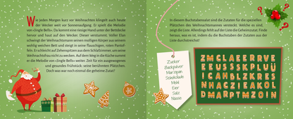 Gezeigt wird eine Innen- oder Zusatzansicht von „Escape Room Adventskalender. Weihnachtliche Schnitzeljagd“. Die Seite zeigt eine festliche, grüne Hintergrundfarbe mit weißen Schneeflocken. Links ist ein fröhlicher Weihnachtsmann mit Geschenken und Lebkuchen zu sehen. Rechts befindet sich eine weiße, hängende Zettelansicht mit der Auflistung von Begriffen, die durch Buchstabensalat sortiert sind. Die Typografie ist bunt und spielerisch gestaltet, was die weihnachtliche Stimmung...
