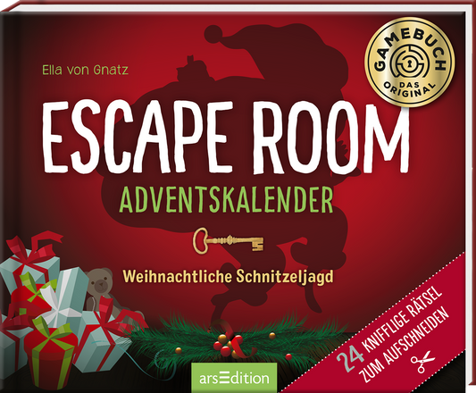 Das Buchcover zeigt einen festlichen roten Hintergrund mit einem silhouettierten Weihnachtsmann und einer großen Schlüsselgrafik. Der Titel „ESCAPE ROOM ADVENTSKALENDER“ ist in großen, weißen Buchstaben geschrieben. Darunter steht „Weihnachtliche Schnitzeljagd“ in kleinerer Schrift. Auf der rechten unteren Ecke befindet sich ein rotes Banner mit der Aufschrift „24 knifflige Rätsel zum Aufschneiden“. Oben rechts ist ein SPIEGEL-Bestseller-Button mit dem Text „GAMEBUCH – DAS...