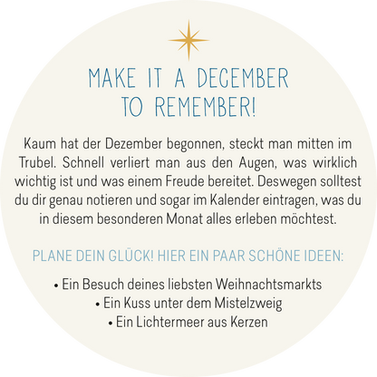 Gezeigt wird eine Innen- oder Zusatzansicht von „Adventskalender in der Dose. 24 Entspannungsmomente für den Advent“. Die Ansicht zeigt einen hellen, runden Hintergrund mit einer zentralen goldenen Sternenillustration. Oben steht der Titel in einer verschnörkelten Schriftart in Blau. Der Text ist in einer klaren, lesbaren Schriftart und bietet Hinweise zur Adventszeit und zur Planung schöner Erlebnisse. Mehrere Aufzählungspunkte heben verschiedene Aktivitäten hervor, wie den Besuch...