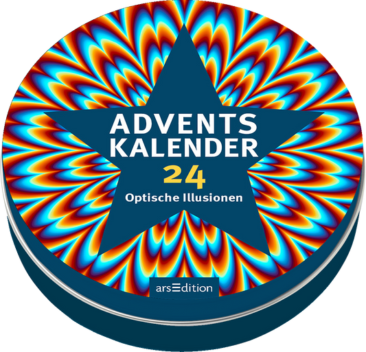 Das Buchcover zeigt einen bunten Adventskalender mit dem Titel „ADVENTSKALENDER“ in großen, weißen Buchstaben, die auf einem blauen Stern platziert sind. Darunter steht in goldfarbenen Ziffern „24“ und „Optische Illusionen“ in ähnlicher Schrift. Der Hintergrund ist ein hypnotisierendes Muster aus Rot- und Blautönen, das eine dynamische und faszinierende Atmosphäre erzeugt. Ganz unten mittig steht der Logoschriftzug von arsEdition.