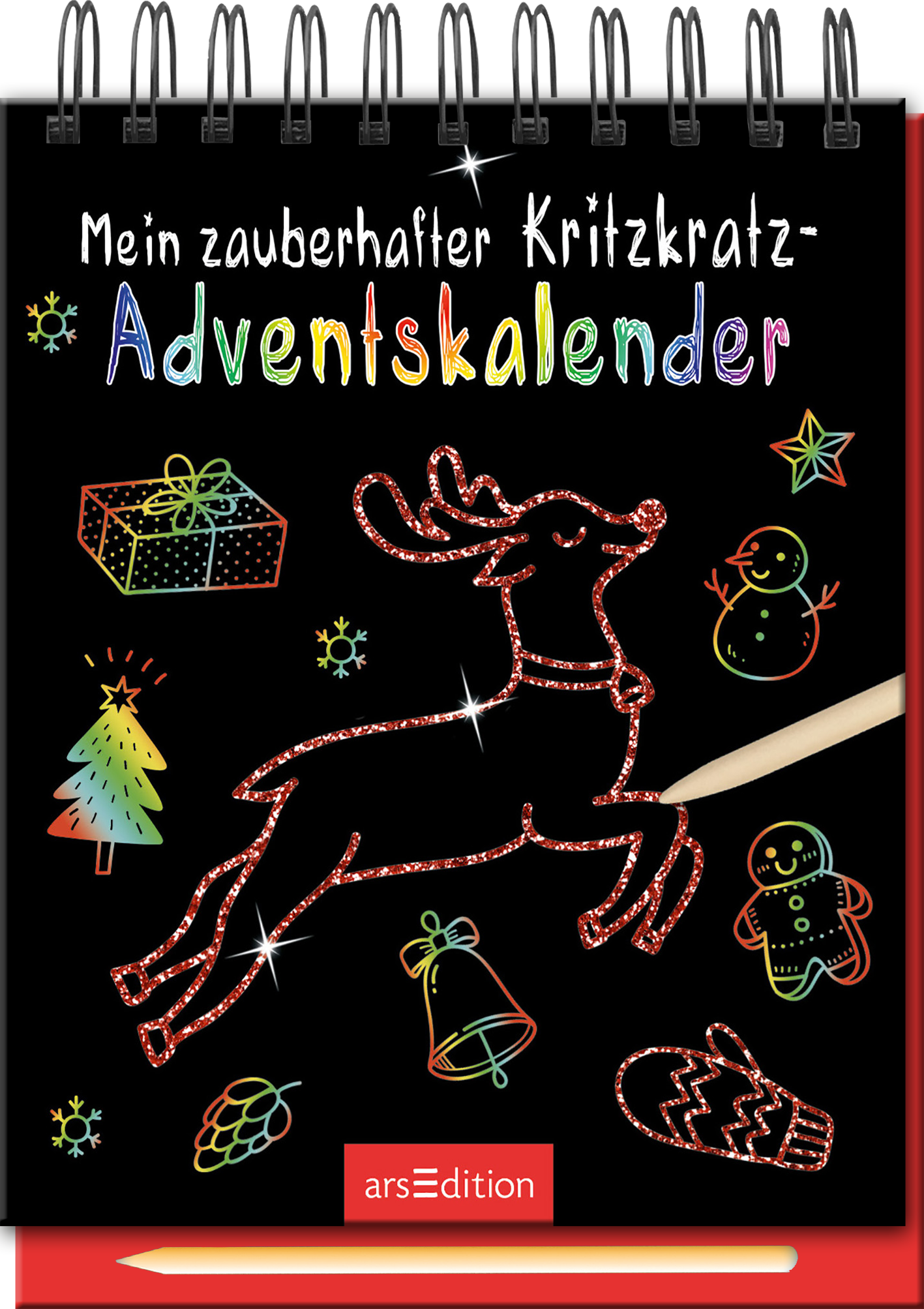 Auf dem schwarzen Cover des „Mein zauberhafter Kritzkatz-Adventskalenders“ springt ein leuchtend rotes Rentier, umgeben von bunten weihnachtlichen Elementen wie Geschenken, Schneemännern und Tannenbäumen. Der Titel ist in verspielter, bunter Typografie gestaltet, wobei das Wort „Adventskalender“ hervorhebt. Ganz oben ist der Titel gut lesbar. Ein Stift ist auf der rechten Seite abgebildet. Ganz unten mittig steht der Logoschriftzug von arsEdition.