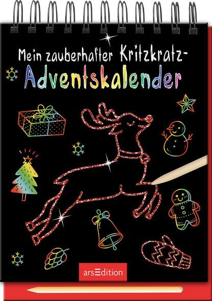 Auf dem schwarzen Cover des „Mein zauberhafter Kritzkatz-Adventskalenders“ springt ein leuchtend rotes Rentier, umgeben von bunten weihnachtlichen Elementen wie Geschenken, Schneemännern und Tannenbäumen. Der Titel ist in verspielter, bunter Typografie gestaltet, wobei das Wort „Adventskalender“ hervorhebt. Ganz oben ist der Titel gut lesbar. Ein Stift ist auf der rechten Seite abgebildet. Ganz unten mittig steht der Logoschriftzug von arsEdition.