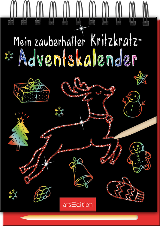 Auf dem schwarzen Cover des „Mein zauberhafter Kritzkatz-Adventskalenders“ springt ein leuchtend rotes Rentier, umgeben von bunten weihnachtlichen Elementen wie Geschenken, Schneemännern und Tannenbäumen. Der Titel ist in verspielter, bunter Typografie gestaltet, wobei das Wort „Adventskalender“ hervorhebt. Ganz oben ist der Titel gut lesbar. Ein Stift ist auf der rechten Seite abgebildet. Ganz unten mittig steht der Logoschriftzug von arsEdition.