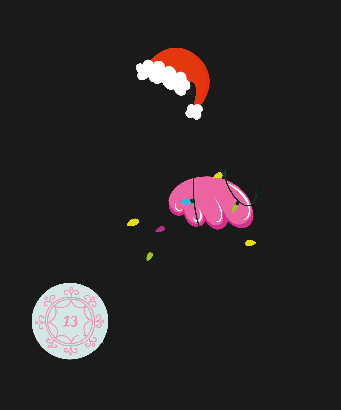 Gezeigt wird eine Innen- oder Zusatzansicht von „Mein zauberhafter Kritzkratz-Adventskalender“. Die Darstellung zeigt einen schlichten schwarzen Hintergrund mit einem rot-weißen Weihnachtsmannhut oben und einem bunten, pinken Kritzkratzmotiv in der Mitte, das von kleinen, bunten Elementen umgeben ist. Unten links befindet sich ein runder Aufkleber in pastellblau mit der Zahl „13“ und einem dekorativen Rand, der die fröhliche und verspielte Ästhetik des Kalenders unterstreicht.