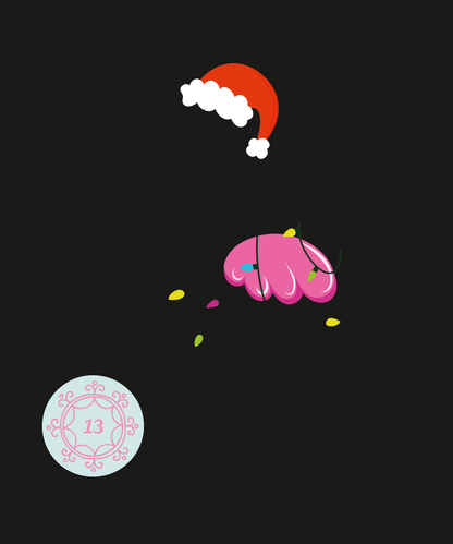 Gezeigt wird eine Innen- oder Zusatzansicht von „Mein zauberhafter Kritzkratz-Adventskalender“. Die Darstellung zeigt einen schlichten schwarzen Hintergrund mit einem rot-weißen Weihnachtsmannhut oben und einem bunten, pinken Kritzkratzmotiv in der Mitte, das von kleinen, bunten Elementen umgeben ist. Unten links befindet sich ein runder Aufkleber in pastellblau mit der Zahl „13“ und einem dekorativen Rand, der die fröhliche und verspielte Ästhetik des Kalenders unterstreicht.