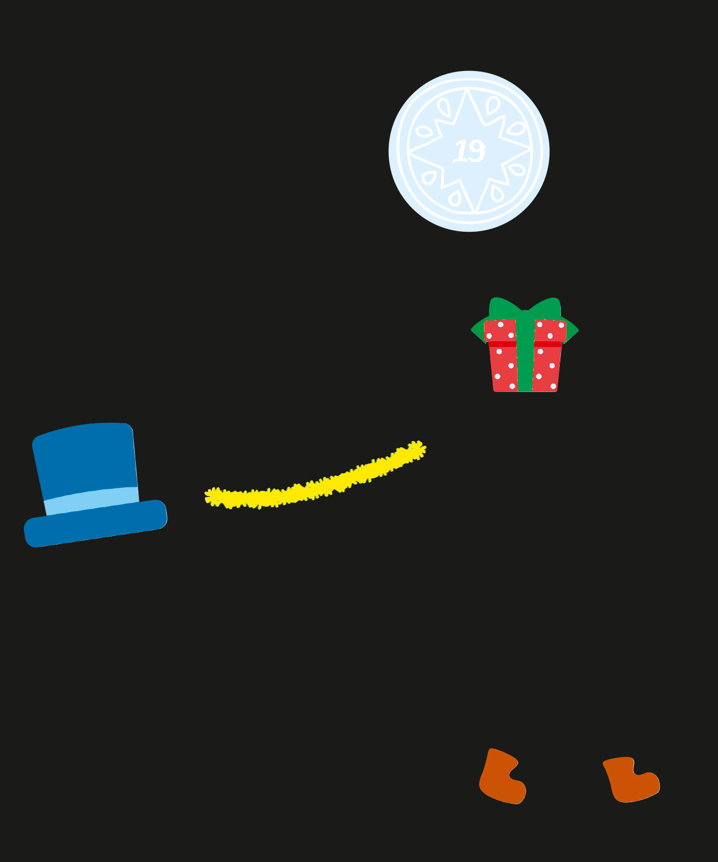Gezeigt wird eine Innen- oder Zusatzansicht von „Mein zauberhafter Kritzkratz-Adventskalender“. Die Darstellung zeigt einen schwarzen Hintergrund mit bunten, festlichen Elementen. Ein blauer Zylinder-Hut und orangefarbene Stiefel sind platziert, während ein Geschenk mit grüner Schleife und roten Punkten hervorhebt. In der oberen Mitte befindet sich eine runde, hellblaue Münze mit der Zahl 19 in der Mitte. Ein gelber, gezackter Streifen verbindet die Elemente und sorgt für dynamische...