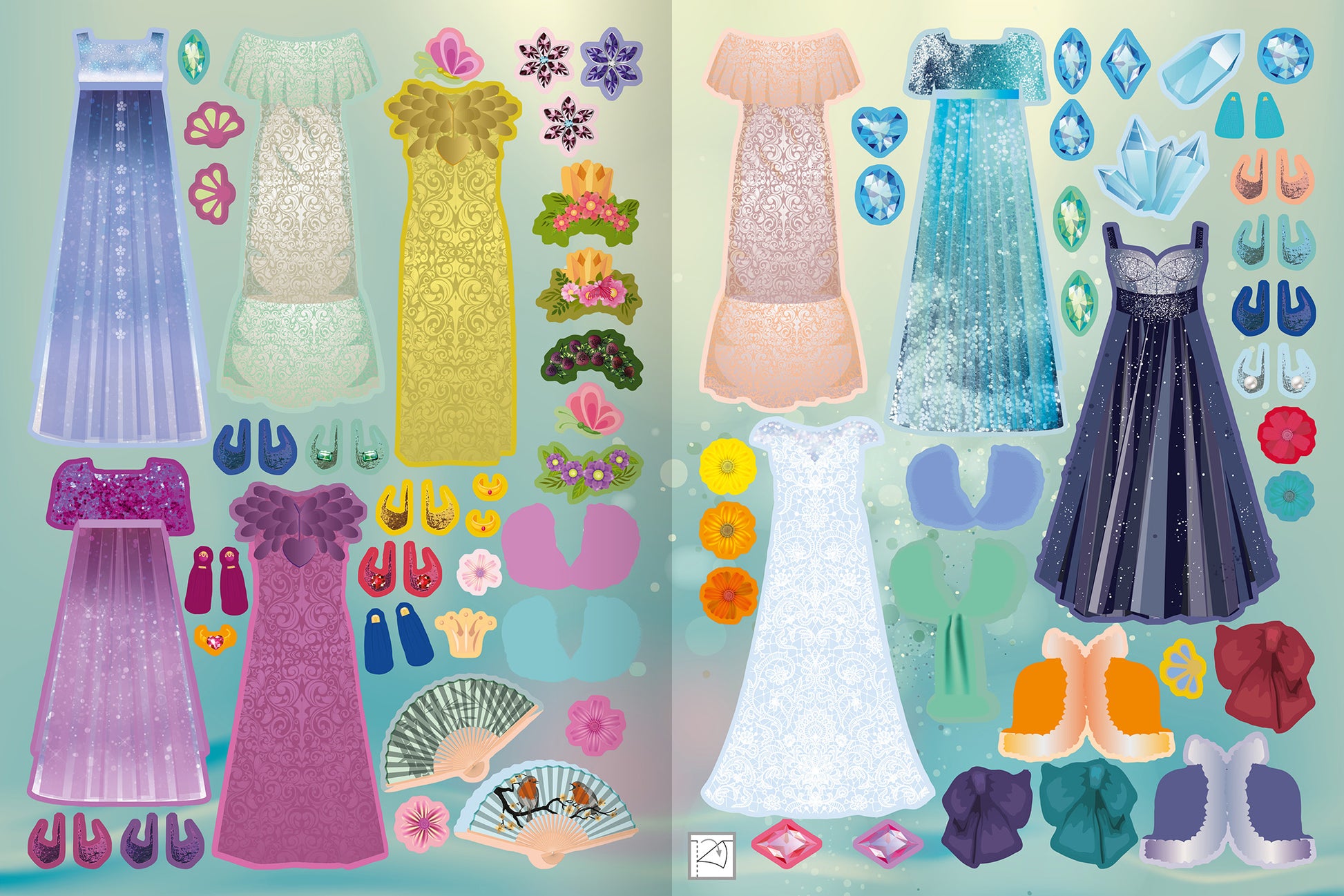 Gezeigt wird eine Innen- oder Zusatzansicht von „Sticker-Anziehpuppen – Auf dem Feenball“. Die Illustration zeigt eine Vielzahl von bunten, glitzernden Kleidern in zarten Pastell- und kräftigen Farben wie Lila, Gelb, Blau und Weiß. Perlen, Blumen und funkelnde Edelsteine ergänzen die Outfits.