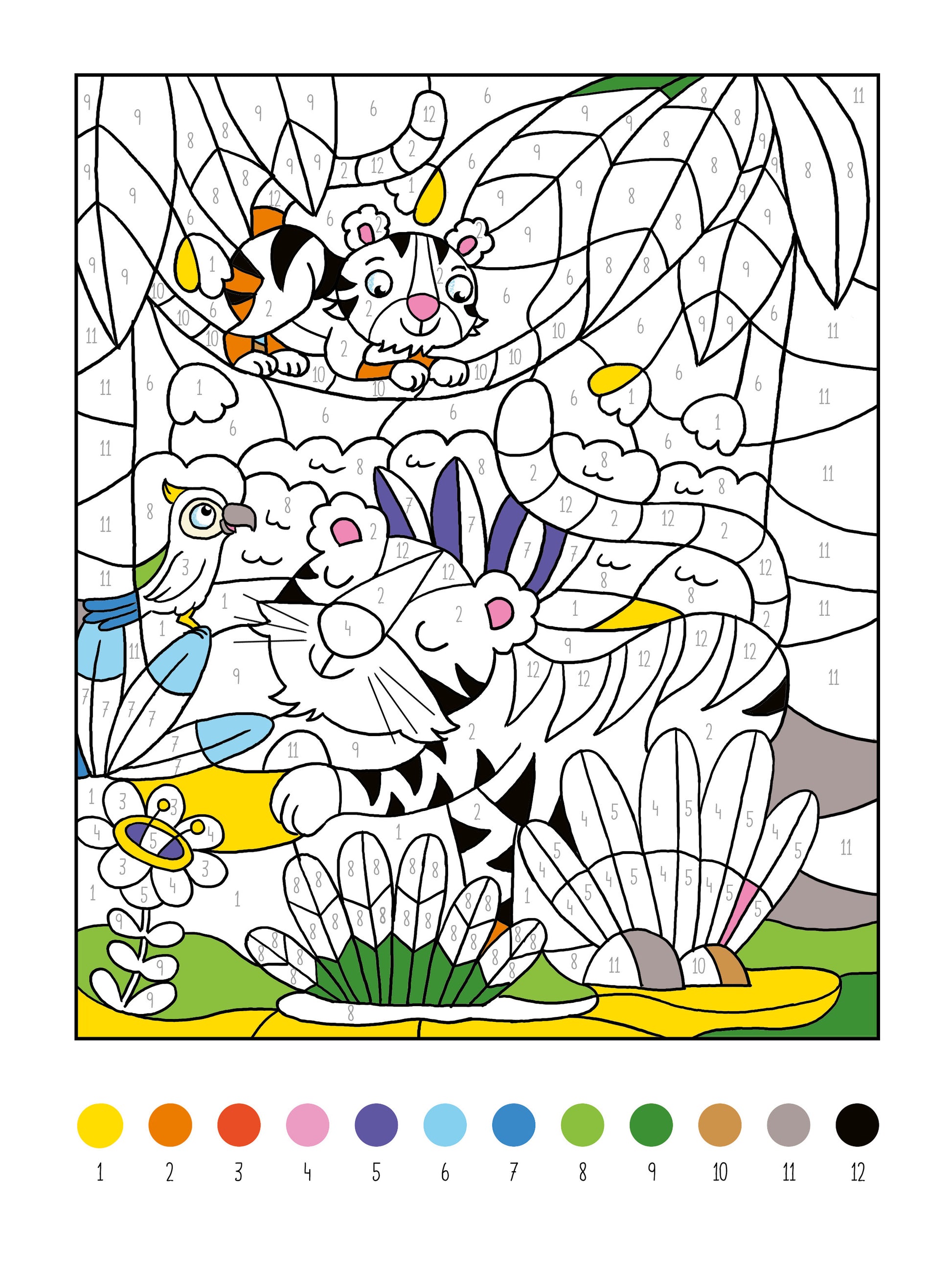 Gezeigt wird eine Innen- oder Zusatzansicht von „Mein dickes Malen-nach-Zahlen-Buch – Tiere“. Die Illustration zeigt einen Tiger und ein kleineres Tier in einer üppigen, farbenfrohen grünen Umgebung. Die Linien sind klar und dick, während die nummerierten Felder die Malbereiche angeben. Die Farben reichen von kräftigem Blau, Gelb und Grün bis zu weicheren Pink- und Grautönen. Am unteren Bildrand sind die entsprechenden Farbcodes angeordnet.