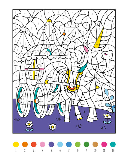 Gezeigt wird eine Innen- oder Zusatzansicht von „Mein dickes Malen-nach-Zahlen-Buch – Einhörner“. Die Abbildung zeigt ein kreatives Malen-nach-Zahlen-Motiv mit einem Einhorn, das an einem bunten Wagen gezogen wird. Die Elemente sind umgeben von Wolken und Sternen in sanften Pastellfarben. Die Zahlen zur Anleitung sind gut sichtbar, und der Hintergrund in Lila ergänzt die fröhliche Darstellung. Die Schrift ist klar und gut leserlich.