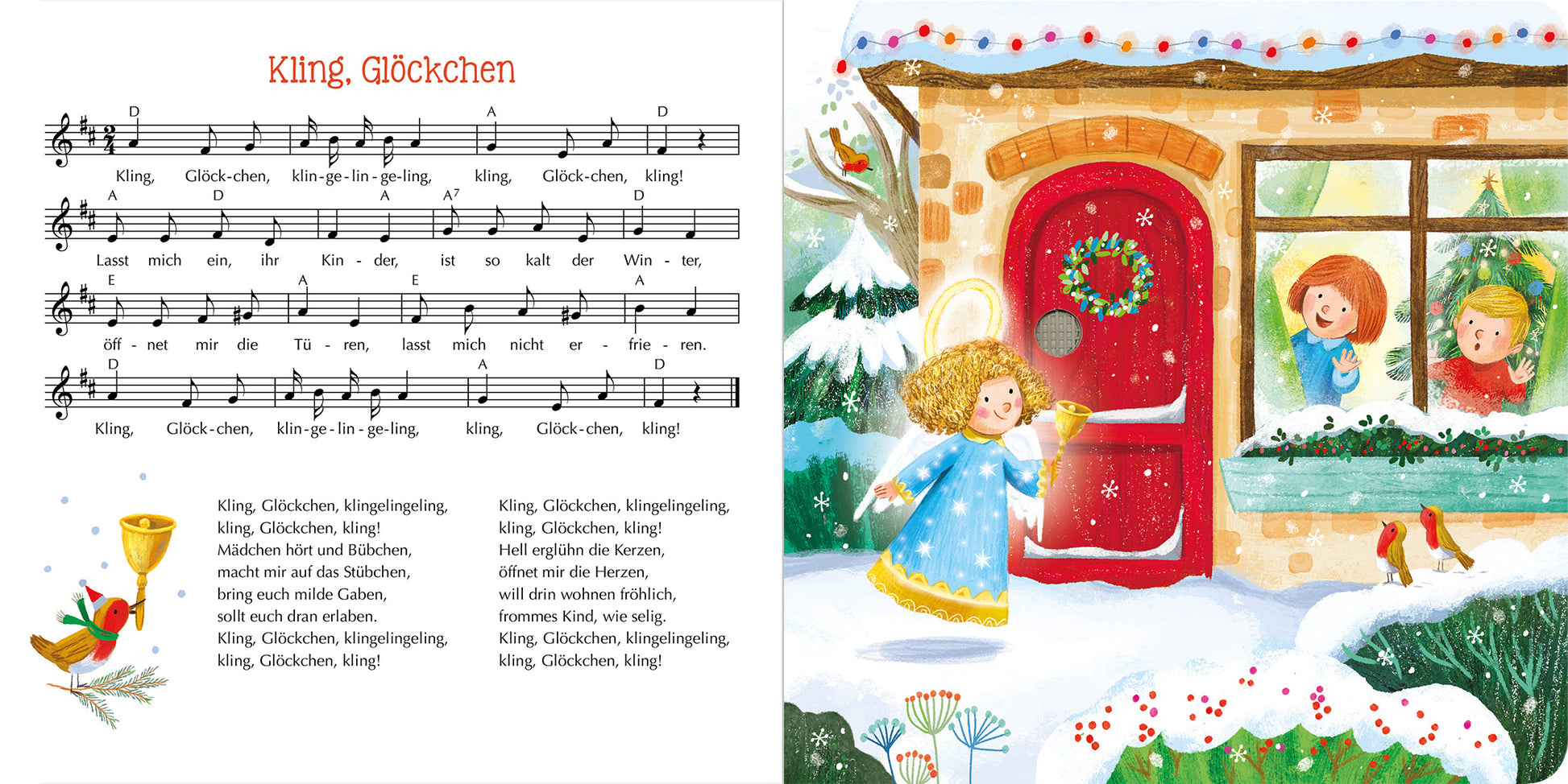 Gezeigt wird eine Innen- oder Zusatzansicht von „Musik für Klitzekleine – Alle Jahre wieder“. Auf der linken Seite ist die Notenpartitur des Liedes „Kling, Glöckchen“ abgebildet, in klarer, gut lesbarer Schrift. Die rechte Seite zeigt eine winterliche Szene: Ein rotes Haus mit einem geschmückten Türkranz, umgeben von schneebedeckten Bäumen. Zwei fröhliche Kinder mit roten und grünen Mützen stehen am Fenster und beobachten ein Mädchen in einem blauen Kleid, das an die Tür...