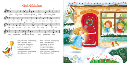 Gezeigt wird eine Innen- oder Zusatzansicht von „Musik für Klitzekleine – Alle Jahre wieder“. Auf der linken Seite ist die Notenpartitur des Liedes „Kling, Glöckchen“ abgebildet, in klarer, gut lesbarer Schrift. Die rechte Seite zeigt eine winterliche Szene: Ein rotes Haus mit einem geschmückten Türkranz, umgeben von schneebedeckten Bäumen. Zwei fröhliche Kinder mit roten und grünen Mützen stehen am Fenster und beobachten ein Mädchen in einem blauen Kleid, das an die Tür...