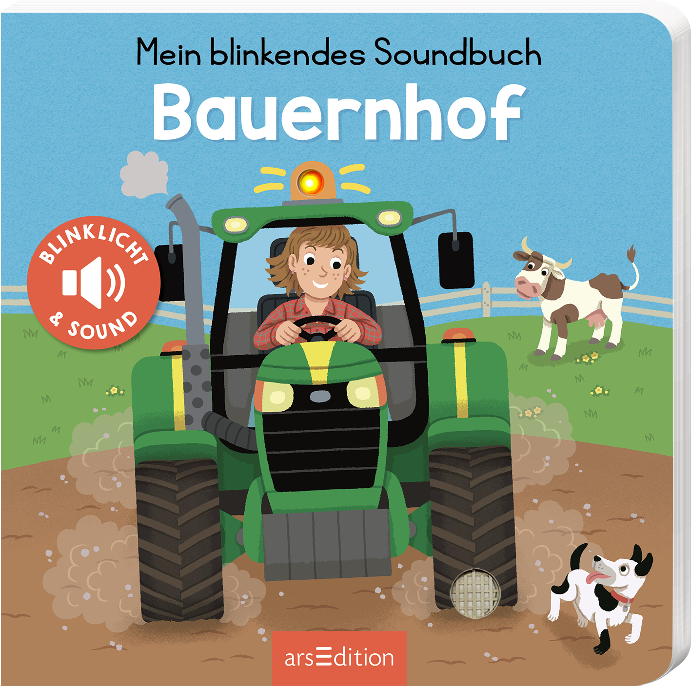 Das Cover zeigt ein kindgerechtes, farbenfrohes Design mit einem großen grünen Traktor, aus dem ein fröhliches Kind mit lockigen Haaren sitzt. Der Hintergrund ist blau und zeigt eine ländliche Idylle mit einer Kuh und einem Hund, die auf einem Bauernhof leben. Die Schrift „Mein blinkendes Soundbuch Bauernhof“ ist in verspielter, weißer Schriftart gehalten. Ein roter Button mit dem Text „BLINKLICHT &amp; SOUND“ hebt sich vom Cover ab. Ganz unten mittig steht der Logoschriftzug von...
