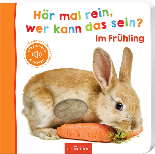 Das Buchcover zeigt einen niedlichen, hellbraunen Kaninchenkopf, der an einer frischen Karotte knabbert. Oben links steht in bunten Buchstaben der Titel „Hör mal rein, wer kann das sein?“. Darunter befindet sich der Zusatz „Im Frühling“ in orange. Ein runder Button mit der Aufschrift „STREICHEN &amp; HÖREN“ in Weiß ist ebenfalls sichtbar. Die Atmosphäre wirkt fröhlich und einladend. Ganz unten mittig steht der Logoschriftzug von arsEdition.