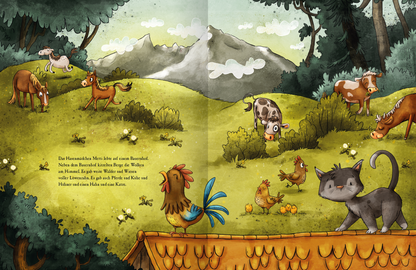 Gezeigt wird eine Innen- oder Zusatzansicht von „Metti Meerschwein“. Die Illustration zeigt eine lebendige Landschaft mit grünen Wiesen und sanften Hügeln im Hintergrund. Verschiedene Tiere, darunter Kühe, ein Huhn und ein Kater, beleben die Szenerie. Die Farben sind warm und einladend, mit einem sanften Gelb, Grün und Braun. Die Schrift ist gut lesbar und in einer spielerischen, kindgerechten Typografie gehalten, was die freundliche Stimmung des Bildes unterstreicht.