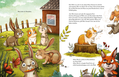 Gezeigt wird eine Innen- oder Zusatzansicht von „Metti Meerschwein“. Die Illustration zeigt zahlreiche Tiere, darunter Hasen und ein Meerschweinchen, die lebhaft um einen Baumstamm versammelt sind. Die Farben sind freundlich und pastellig, mit einem Fokus auf sanftes Grün, Braun und hellen Farbtönen für die Tiere. Die Typografie der Begleittexte ist klar und gut lesbar, eingefasst in charmante Sprechblasen, die den Dialog der Figuren hervorheben.