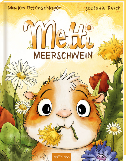 Das Buchcover zeigt einen großen, freundlichen Blick eines Meerschweinchens mit einem gelb-weißen Fell. Umgeben von bunten Blumen und grünen Blättern strahlt die Szene Fröhlichkeit und Leichtigkeit aus. Der Titel „Metti Meerschwein“ ist in einer verspielten, orangefarbenen Schriftart gestaltet, die das Cover lebendig wirken lässt. Die Autorinnen Madlen Ottenschläger und Stefanie Reich sind oben in schlichter Schrift aufgeführt. Ganz unten mittig steht der Logoschriftzug von...