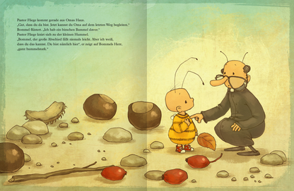 Gezeigt wird eine Innenansicht von „Die kleine Hummel Bommel nimmt Abschied“. Im Mittelpunkt stehen die Figuren der kleinen Hummel Bommel und des Pastors Fliege, umgeben von Kastanien, Steinen und Hagebutten. Der Text ist auf der linken Seite platziert.