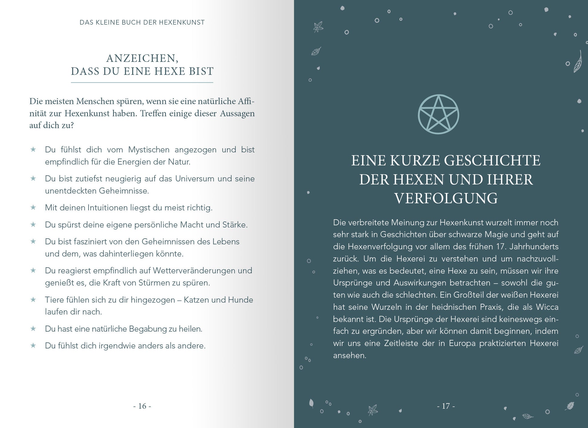 Gezeigt wird eine Innenansicht von „Das kleine Buch der Hexenkunst“. Die Seiten sind in sanften, graublauen Tönen gehalten und zeigen eine klare, gut lesbare Serifen-Schrift. Auf der linken Seite wird eine Liste von Anzeichen präsentiert, die darauf hindeuten, dass man eine Hexe ist, während die rechte Seite eine Einführung in die Geschichte der Hexenverfolgung bietet. Abgerundete Kästen heben die Texte hervor, und zarte, handgezeichnete Illustrationen untermalen das mystische Thema.