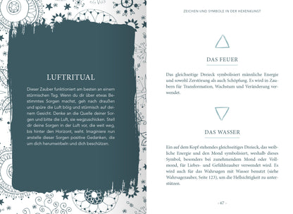 Gezeigt wird eine Innen- oder Zusatzansicht von „Das kleine Buch der Hexenkunst“. Die Seite enthält eine harmonische Farbpalette in sanften Blau- und Grüntönen, die mit eleganten floralen Mustern umrahmt ist. Links steht der Titel „LUFTRITUAL“ in gut lesbarer, geschwungener Schrift, während rechts die Abschnitte „DAS FEUER“ und „DAS WASSER“ in klaren, sachlichen Schriftarten dargestellt werden. Die Gestaltung betont die mystische Atmosphäre des Themas und unterstützt die...