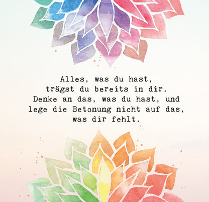 Gezeigt wird eine Innen- oder Zusatzansicht von „Jeder Moment ist ein Geschenk“. Die Gestaltung zeigt zwei große, bunt akzentuierte Blütenmuster in sanften Aquarellfarben, die in pastelligen Tönen gehalten sind. Zwischen den Blüten befindet sich eine inspirierende Botschaft in klarer, moderner Schrift. Der Text ist schwarz und bietet einen starken Kontrast zu dem hellen, farbenfrohen Hintergrund, der eine positive und einladende Atmosphäre schafft.