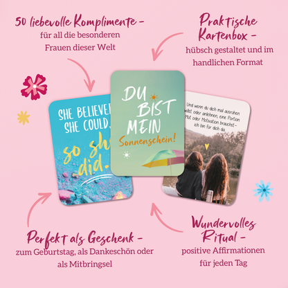 Gezeigt wird eine Innen- oder Zusatzansicht von „Für eine tolle Frau wie dich“. Die Ansicht zeigt eine praktische Kartenbox mit bunten Karten, die liebevolle Komplimente enthalten. Die Farbpalette umfasst sanfte Pastelltöne wie mintgrün und rosa. Auf den Karten stehen positive Affirmationen in verspielter, handschriftlicher Typografie. Floral gestaltete Illustrationen und komfortable Texte laden zum Verschenken und Teilen ein. Die Box ist handlich und ansprechend designt.