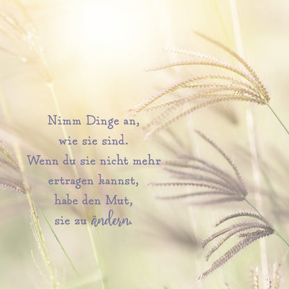 Gezeigt wird eine Innen- oder Zusatzansicht von „Ein Schutzengel für dich“. Der Hintergrund zeigt sanfte, verschwommene Farbtöne in Pastell, die eine beruhigende Atmosphäre schaffen. In der Bildmitte steht der Text in einer eleganten, geschwungenen Schriftart, der in dunklem Blau gehalten ist. Der Inhalt ermutigt zur Akzeptanz und Veränderung und wird von zarten Grashalmen flankiert, die das Bild harmonisch abrunden.