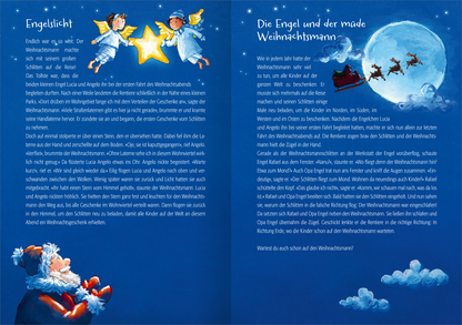 Gezeigt wird eine Innen- oder Zusatzansicht von „222 Winter- und Weihnachtsgeschichten“. Die Doppelseite ist in sanften Blau- und Gelbtönen gehalten. Links sind zwei Engel mit goldenen Flügeln, die einen leuchtenden Stern halten, dargestellt. Rechts ist eine Szene mit dem Weihnachtsmann in einem roten Schlitten, der von Rentieren gezogen wird, vor einem großen, vollen Mond. Die Schrift ist klar und gut lesbar, mit herzlichen, verspielten Illustrationen, die eine festliche Stimmung...
