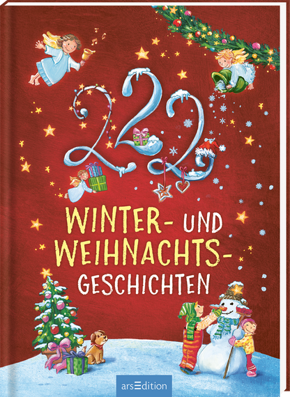 Das Buchcover zeigt einen roten Hintergrund, der eine festliche Atmosphäre schafft. Daran sind fröhliche, cartoonartige Engel und Kinder abgebildet, die Winter- und Weihnachtsgeschenke halten. In der Mitte steht in großen, geschwungenen weißen Buchstaben „22 WINTER- UND WEIHNACHTS-GESCHICHTEN“. Ein kleiner Schneemann und ein Weihnachtsbaum sind am unteren Rand zu sehen. Ganz oben befindet sich ein festlicher Kranz. Ganz unten mittig steht der Logoschriftzug von arsEdition.