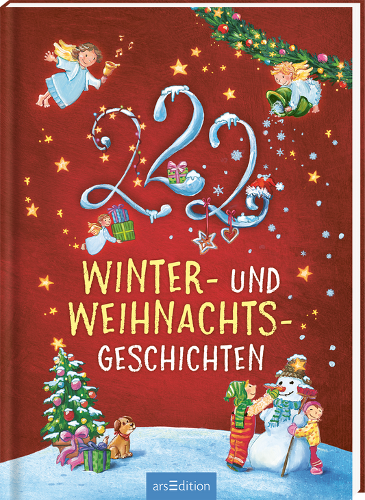 Das Buchcover zeigt einen roten Hintergrund, der eine festliche Atmosphäre schafft. Daran sind fröhliche, cartoonartige Engel und Kinder abgebildet, die Winter- und Weihnachtsgeschenke halten. In der Mitte steht in großen, geschwungenen weißen Buchstaben „22 WINTER- UND WEIHNACHTS-GESCHICHTEN“. Ein kleiner Schneemann und ein Weihnachtsbaum sind am unteren Rand zu sehen. Ganz oben befindet sich ein festlicher Kranz. Ganz unten mittig steht der Logoschriftzug von arsEdition.