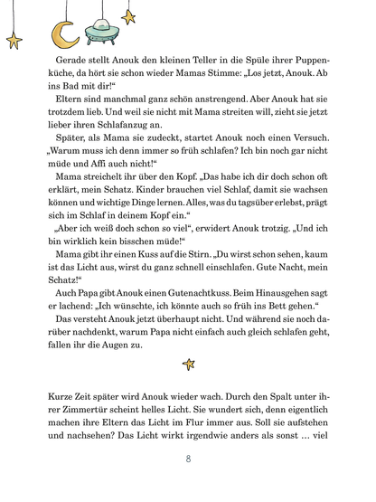 Gezeigt wird eine Innen- oder Zusatzansicht von „Anouk, die nachts auf Reisen geht“. Die Textpassagen sind in freundlicher, verspielter Schrift gesetzt und durch Illustrationen in sanften Pastellfarben ergänzt.