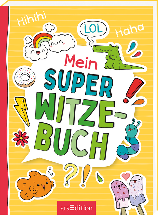 Fröhliches Kinderbuchcover in gelb mit feinen Querstreifen und rotem Buchrücken. Zentral eine weiße Sprechblase mit dem Titel „Mein SUPER WITZE-BUCH“: „Mein“ rot, „SUPER“ türkis blockig und „WITZE-BUCH“ grün in fetter, verspielter Großbuchstaben-Typografie. Rundherum bunte Stickerillustrationen: Regenbogenwolken, Krokodil, Donut, Blitz, Punktzeichen, Raupe, Eis am Stiel und lachende Gesichter. Oben kleine Schriftzüge Hihihi, LOL, Haha. Ganz unten mittig steht der...