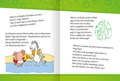 Gezeigt wird eine Innenansicht von „Mein super Witzebuch“. Die Seite zeigt zwei Szenen mit lebhaften, bunten Illustrationen in Pastelltönen. Auf der linken Seite grüßt ein Schwein und ein Pferd, die am Wasser spielen. Auf der rechten Seite sind Sprechblasen mit kindgerechten Witzen in verspielter Schrift. Der Hintergrund ist in fröhlichem Grün mit lächelnden Smiley-Motiven gestaltet, die eine heitere Atmosphäre schaffen. Die Typografie ist klar, freundlich und gut lesbar, ideal für...