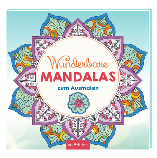 Das Cover zeigt eine farbenfrohe Mandala-Gestaltung mit einem hellblauen Hintergrund. Im Zentrum befindet sich ein großes, rundes Element in Weiß, das mit bunten Mustern verziert ist. Der Titel „Wunderbare MANDALAS“ ist in lebhaftem Rot gestaltet, während „zum Ausmalen“ in einem sanften Grau darunter steht. Bunte Blüten und geometrische Formen verleihen dem Design eine harmonische Ausstrahlung. Ganz unten mittig steht der Logoschriftzug von arsEdition.