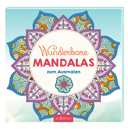 Das Cover zeigt eine farbenfrohe Mandala-Gestaltung mit einem hellblauen Hintergrund. Im Zentrum befindet sich ein großes, rundes Element in Weiß, das mit bunten Mustern verziert ist. Der Titel „Wunderbare MANDALAS“ ist in lebhaftem Rot gestaltet, während „zum Ausmalen“ in einem sanften Grau darunter steht. Bunte Blüten und geometrische Formen verleihen dem Design eine harmonische Ausstrahlung. Ganz unten mittig steht der Logoschriftzug von arsEdition.