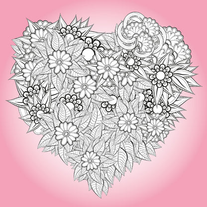 Gezeigt wird eine Innen- oder Zusatzansicht von „Wunderbare Mandalas zum Ausmalen“. Die Abbildung zeigt ein herzförmiges Motiv reich an floralen und blattartigen Elementen in schwarzer Kontur. Delikate Blüten mit strahlenden Mittelpunkten sind prominent platziert, durchzogen von filigranen Blättern. Der Hintergrund ist in sanften Rosa- und Pinktönen gehalten, was dem Gesamtbild eine warme, einladende Atmosphäre verleiht. Die Typografie ist verspielt und gut lesbar.