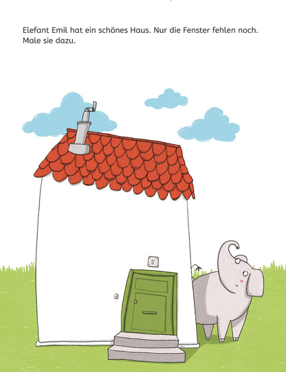 Gezeigt wird eine Innen- oder Zusatzansicht von „Mein Lernblock für den Kindergarten – Farben und Formen“. Die Illustration zeigt ein einfaches, weißes Haus mit einem roten, schuppigen Dach. Vor dem Haus steht ein grauer Elefant namens Emil, der neugierig zur Tür schaut. Die Tür ist grün und besitzt eine kleine Treppe. Der Hintergrund ist mit einem hellblauen Himmel und einigen Wolken sowie einer grünen Wiese gestaltet. Die Schrift ist freundlich und kindgerecht.