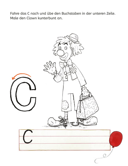 Gezeigt wird eine Innen- oder Zusatzansicht von „Mein Lernblock für die Vorschule – Erste Buchstaben“. Auf der Seite befindet sich eine Umrisszeichnung eines Clowns in lebhaften Farben, der fröhlich winkt. Links steht der Buchstabe „C“ in großen, klaren Konturen zum Nachfahren. Darunter ist eine Zeile zum Üben des Schreibens, ergänzt durch eine rote Luftballon-Illustration in der unteren rechten Ecke. Der Hintergrund ist hell und einladend gestaltet.