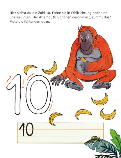 Gezeigt wird eine Innen- oder Zusatzansicht von „Mein Lernblock für die Vorschule – Erste Zahlen“. Abgebildet ist ein freundlicher Orang-Utan mit orangem Fell, der zehn gelbe Bananen um sich hat. Die Zahl „10“ ist groß und in einer klaren, handschriftlichen Schriftart dargestellt, umrahmt von Pfeilen für eine Nachzeichnungsübung. Der Hintergrund ist hell und freundlich, mit grünen Blättern am unteren Bildrand, die eine einladende Atmosphäre schaffen.