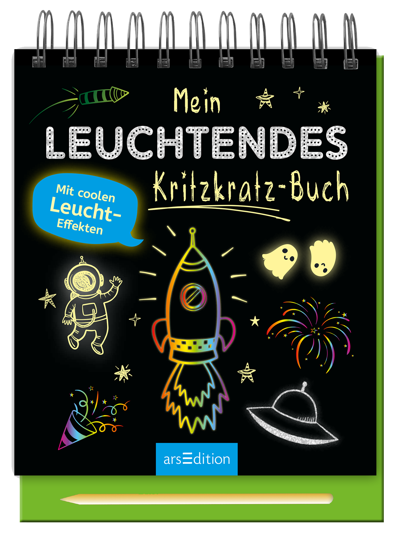 Das Buchcover zeigt einen schwarzen Hintergrund, auf dem farbenfrohe Zeichnungen in Neonfarben abgebildet sind. Zentral ist eine Rakete, die von bunten Sternen und anderen kindgerechten Motiven umgeben ist, darunter ein Astronaut und Geister. Der Titel „Mein LEUCHTENDES Kritzkatz-Buch“ hebt sich durch große, helle Buchstaben ab, während ein blauer Aufkleber mit dem Text „Mit coolen Leucht-Effekten“ hervortritt. Ganz unten mittig steht der Logoschriftzug von arsEdition.