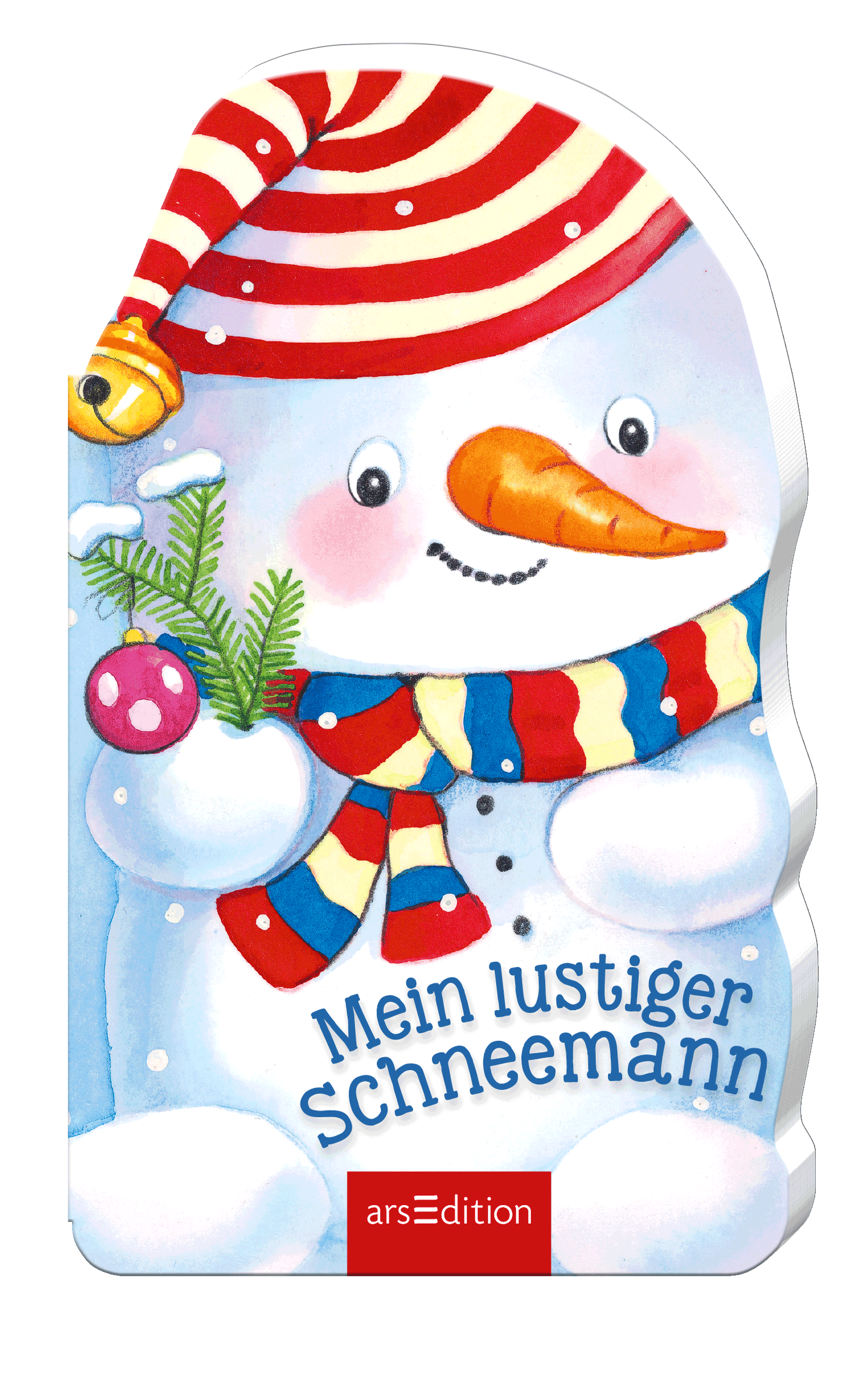 Das Cover zeigt einen fröhlichen Schneemann mit einer rot-gestreiften Mütze und einem Schal in leuchtenden Farben. Der Schneemann hält in seiner rechten Hand eine grüne Tannenzweige und ist umgeben von einer roten Weihnachtskugel. Der Titel „Mein lustiger Schneemann“ ist in einer verspielten, blauen Schrift unterhalb des Schneemanns platziert. Ganz unten mittig steht der Logoschriftzug von arsEdition.