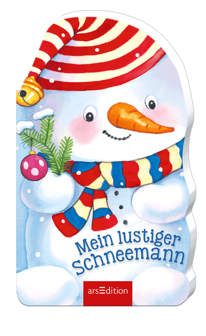 Das Cover zeigt einen fröhlichen Schneemann mit einer rot-gestreiften Mütze und einem Schal in leuchtenden Farben. Der Schneemann hält in seiner rechten Hand eine grüne Tannenzweige und ist umgeben von einer roten Weihnachtskugel. Der Titel „Mein lustiger Schneemann“ ist in einer verspielten, blauen Schrift unterhalb des Schneemanns platziert. Ganz unten mittig steht der Logoschriftzug von arsEdition.