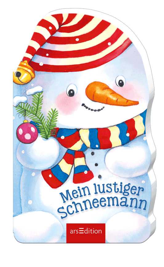 Das Cover zeigt einen fröhlichen Schneemann mit einer rot-gestreiften Mütze und einem Schal in leuchtenden Farben. Der Schneemann hält in seiner rechten Hand eine grüne Tannenzweige und ist umgeben von einer roten Weihnachtskugel. Der Titel „Mein lustiger Schneemann“ ist in einer verspielten, blauen Schrift unterhalb des Schneemanns platziert. Ganz unten mittig steht der Logoschriftzug von arsEdition.