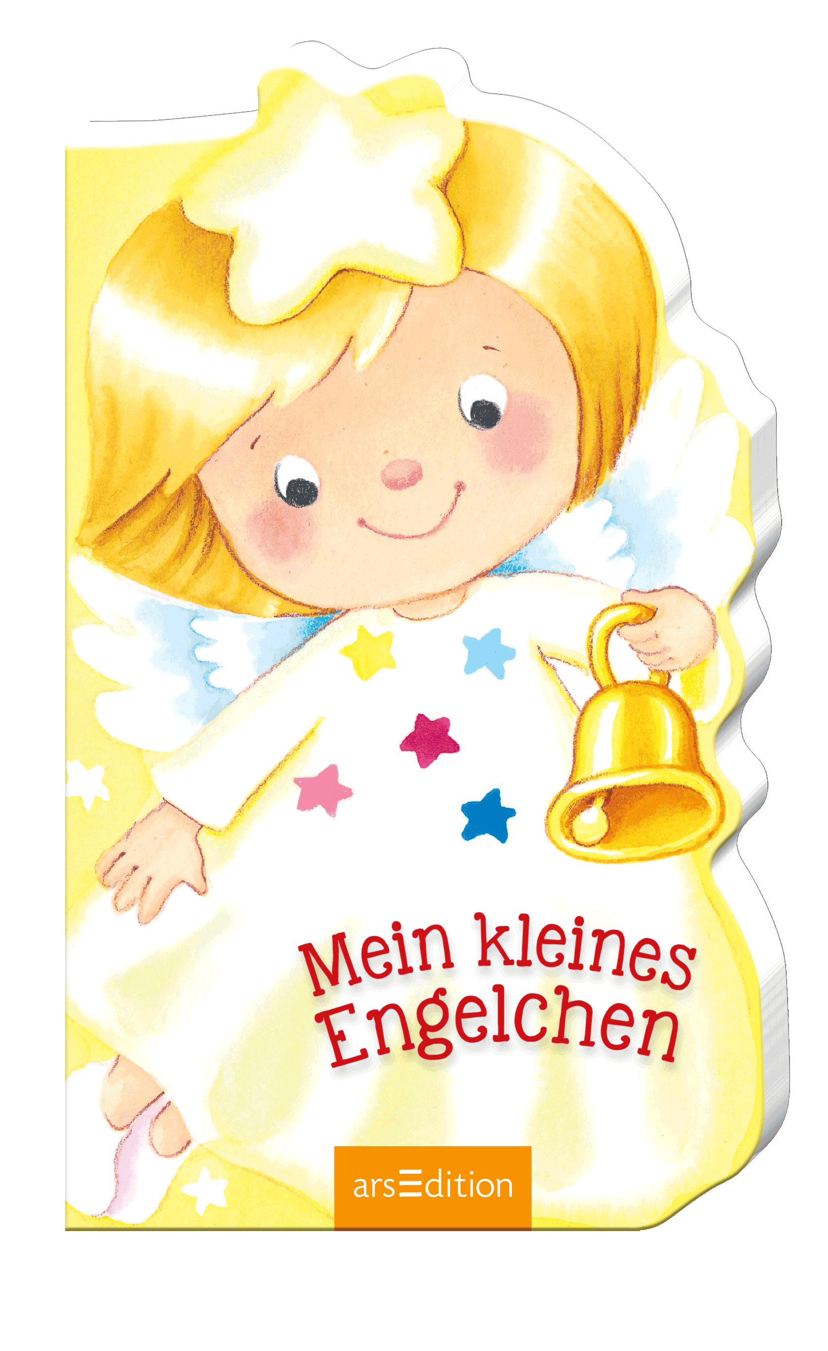 Das Buchcover zeigt ein fröhliches Engelchen mit blonden Haaren und einer goldenen Glocke. Es trägt ein weißes Kleid mit bunten Sternen in blau, rot und gelb. Der Hintergrund ist hellgelb, was eine warme und einladende Atmosphäre schafft. Der Titel „Mein kleines Engelchen“ ist in einer verspielten roten Schriftart wiedergegeben. Ganz unten mittig steht der Logoschriftzug von arsEdition.